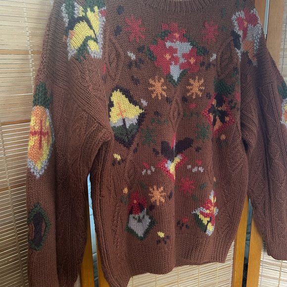 Vintage Le Moda Hand-Knit 100% Wool Sweater | Folk Art Floral Cable Knit | Sz L - Picture 2 of 11